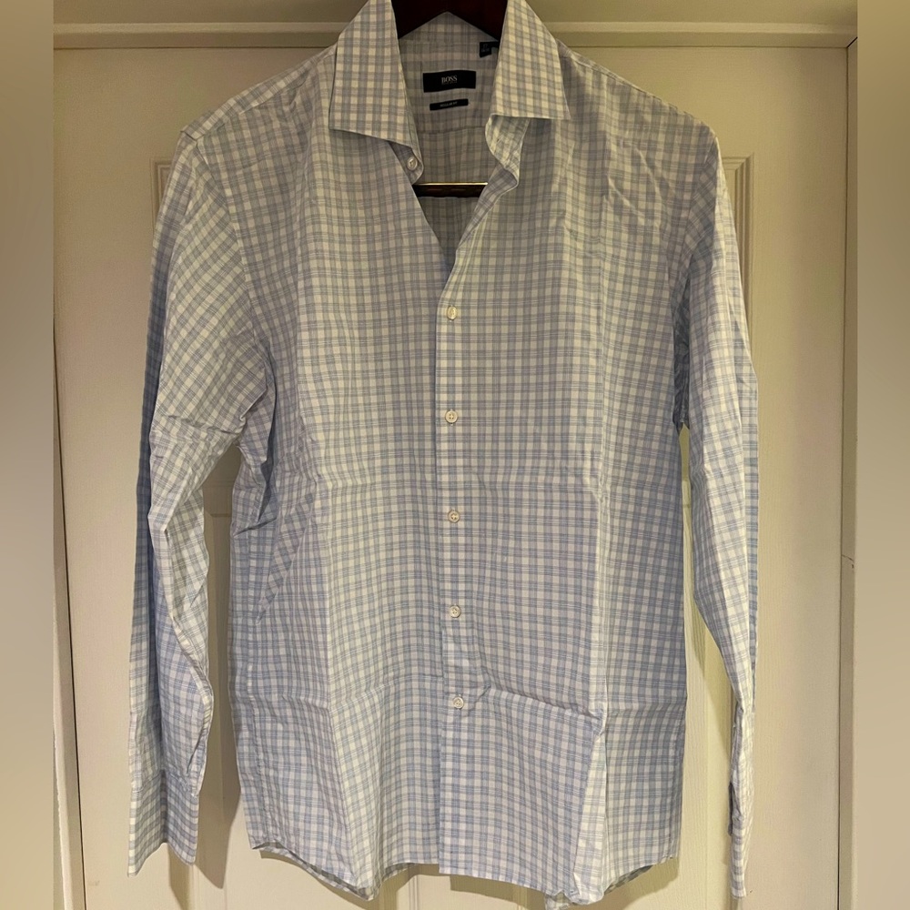 Hugo boss blue and white plaid shirt